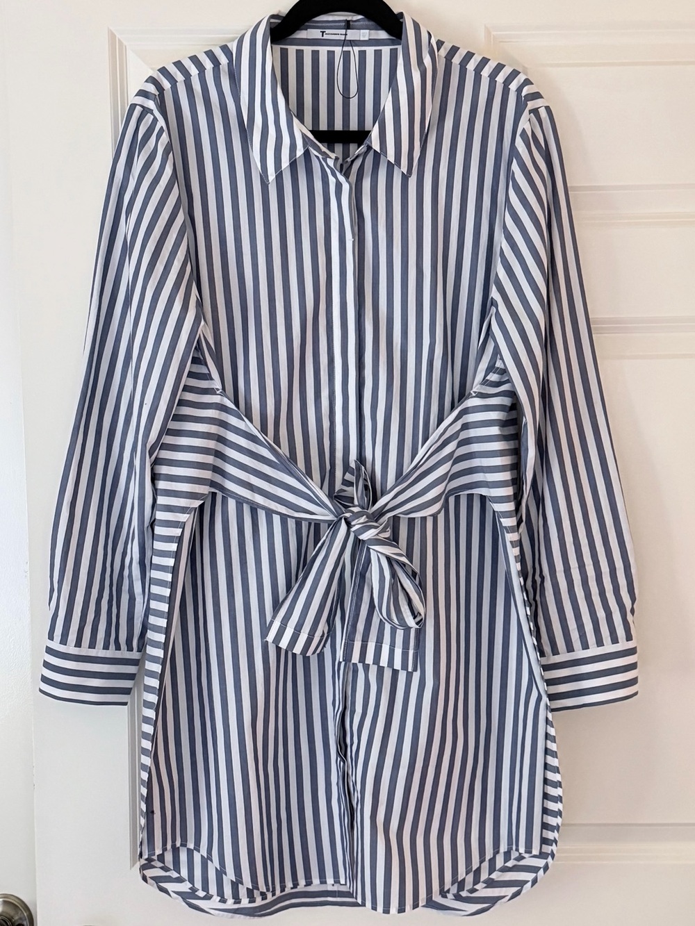 Alexander Wang Blue & White Long-Sleeve Striped Tie-Waist Dress